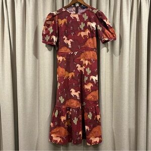 Princess Highway Burgundy Western Horse Print Puff Sleeve Dress